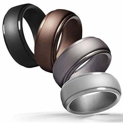 Anillo de bodas de silicona para hombres 4 paquetes Singles Step Edge Diseño elegante Metálico Negro y Camo