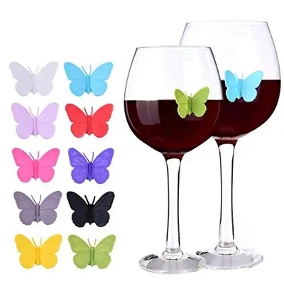 En el almacén de silicona Cute Butterfly diseño de vino botella de vidrio taza de taza etiquetas de identificación