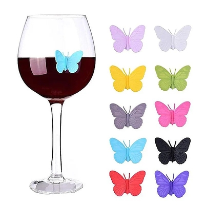 En el almacén de silicona Cute Butterfly diseño de vino botella de vidrio taza de taza etiquetas de identificación