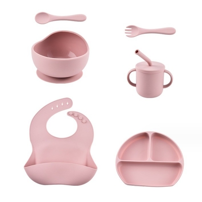 Niños plato de comedor utensilios de mesa vaso de succión de alimentación Conjunto de alimento de grado de silicona cuenco de horquilla