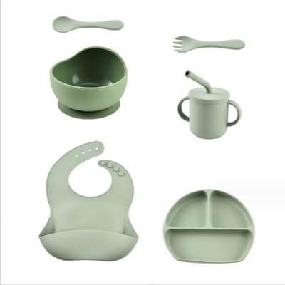 Niños plato de comedor utensilios de mesa vaso de succión de alimentación Conjunto de alimento de grado de silicona cuenco de horquilla