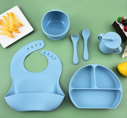 Niños plato de comedor utensilios de mesa vaso de succión de alimentación Conjunto de alimento de grado de silicona cuenco de horquilla