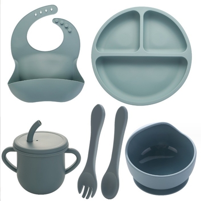 Ninguno Estilo de diseño Conjunto de alimentación de silicona completa Cena Plato Taza Taza Cuchara Cuchara Tenedor Spork para bebés