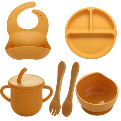Ninguno Estilo de diseño Conjunto de alimentación de silicona completa Cena Plato Taza Taza Cuchara Cuchara Tenedor Spork para bebés