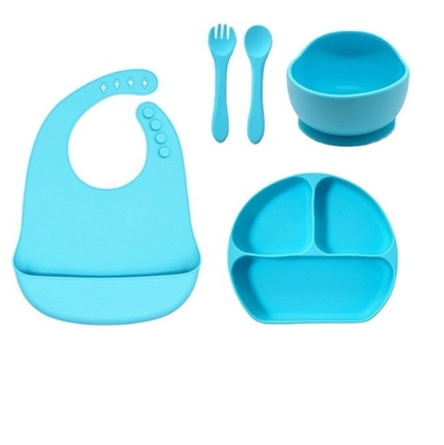 Set de alimentación para bebés de silicona 5pcs Mejor seguridad impermeable fácil de limpiar cuenco con cuchara bib