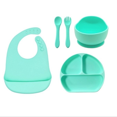 Set de alimentación para bebés de silicona 5pcs Mejor seguridad impermeable fácil de limpiar cuenco con cuchara bib