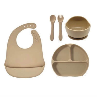 Set de alimentación para bebés de silicona 5pcs Mejor seguridad impermeable fácil de limpiar cuenco con cuchara bib