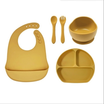 Set de alimentación para bebés de silicona 5pcs Mejor seguridad impermeable fácil de limpiar cuenco con cuchara bib
